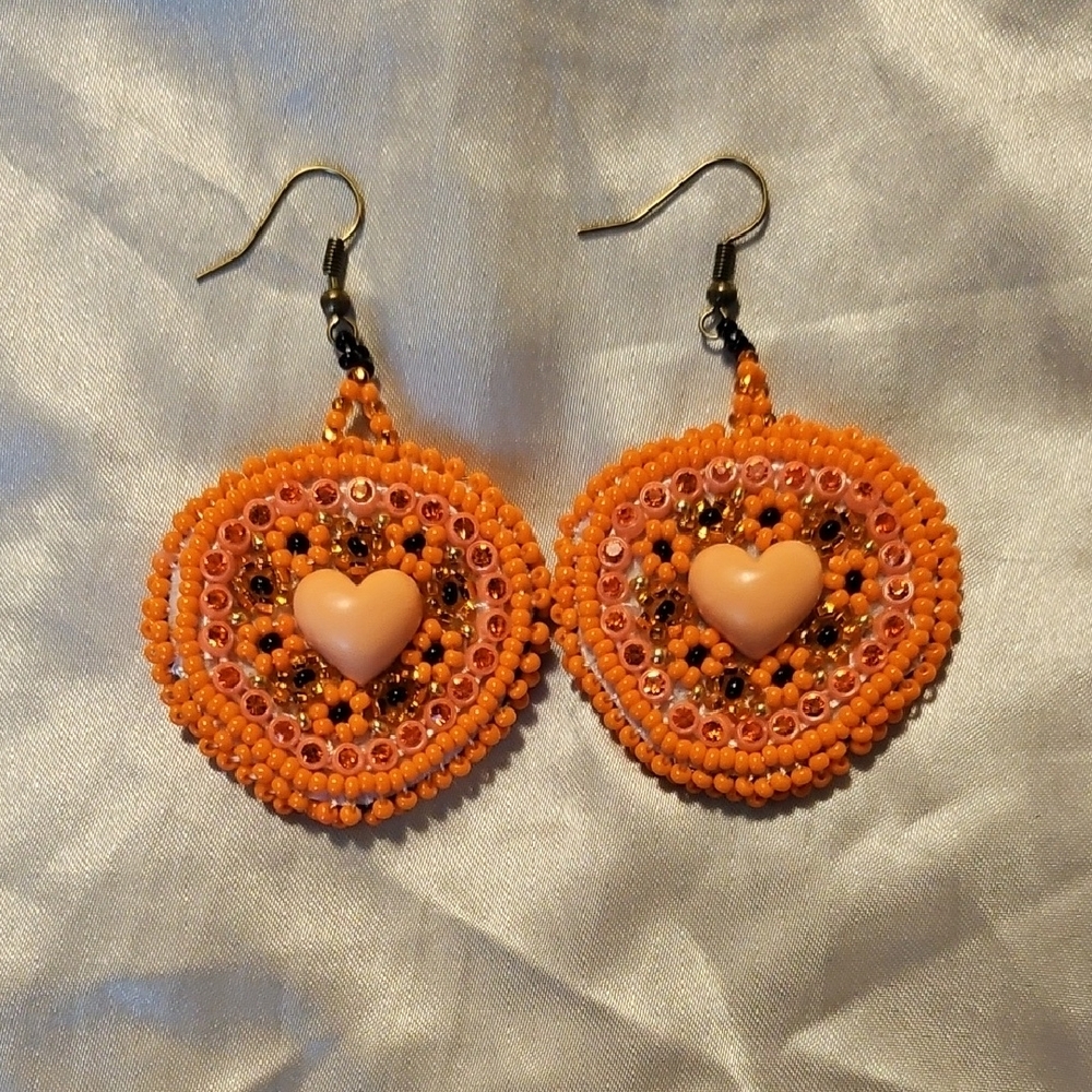 Charming Orange Beaded Heart Earrings